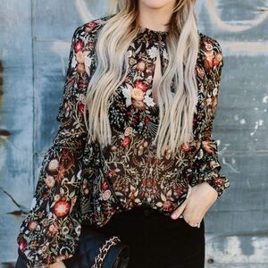 INTERMIX 100% Silk Boho Black Floral Long Sleeve Blouse Size S